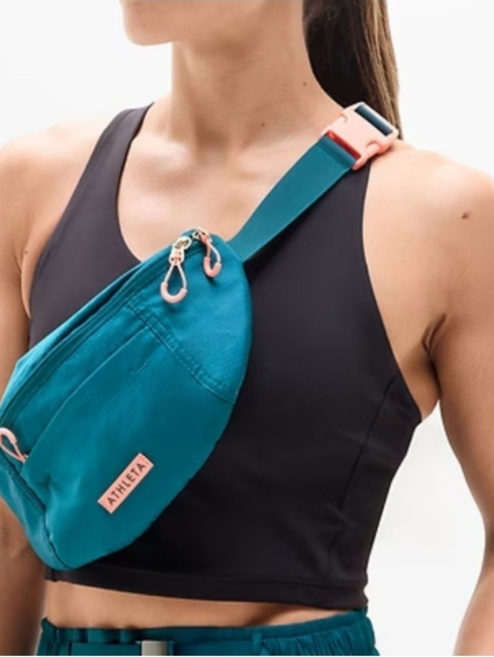 Athleta Teal Crossbody Belt Bag with Pink Accents